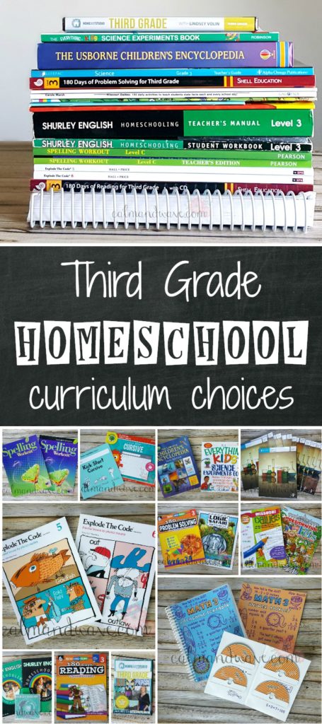 Third Grade homeschool curriculum choices. Selections for Math, Language, Reading, Science, Social Studies, Art, Music, Typing, PE. Unit Studies and workbooks. Teaching Textbooks, Shurley, Usborne, Explode the Code, 180 days, Spelling.