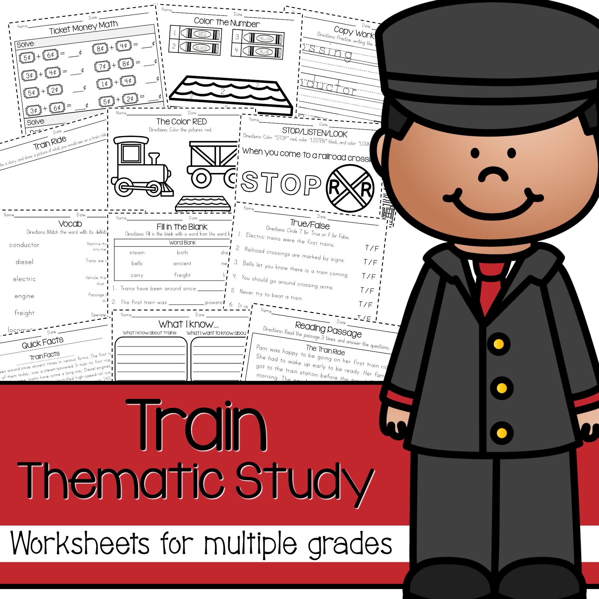 Train Thematic Unit Study | Includes Reading Passages, Math Worksheets, Facts, Copy Work, Vocab, Word Search and More | Multiple Grades |