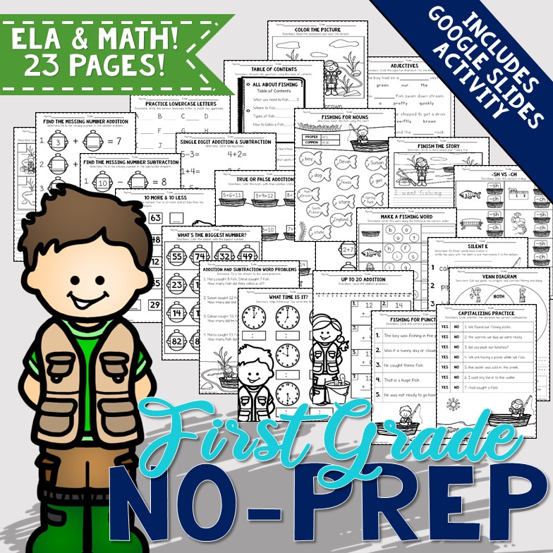 First Grade No-Prep Fishing Themed ELA and Math Printable Worksheets WITH Interactive Digital Activity