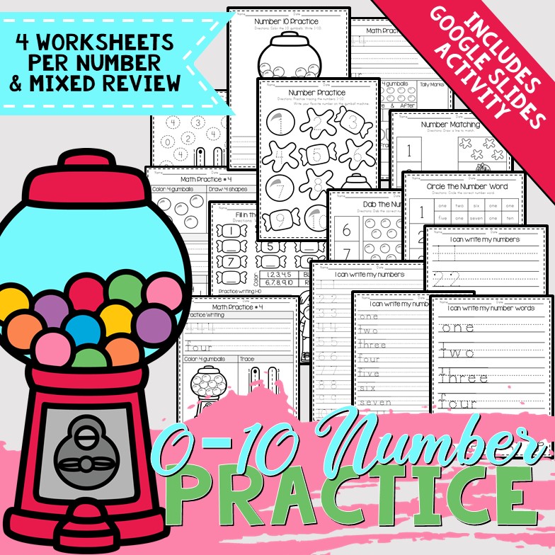 0-10 Number Practice Bubble Gum Themed Worksheets with Digital Activity