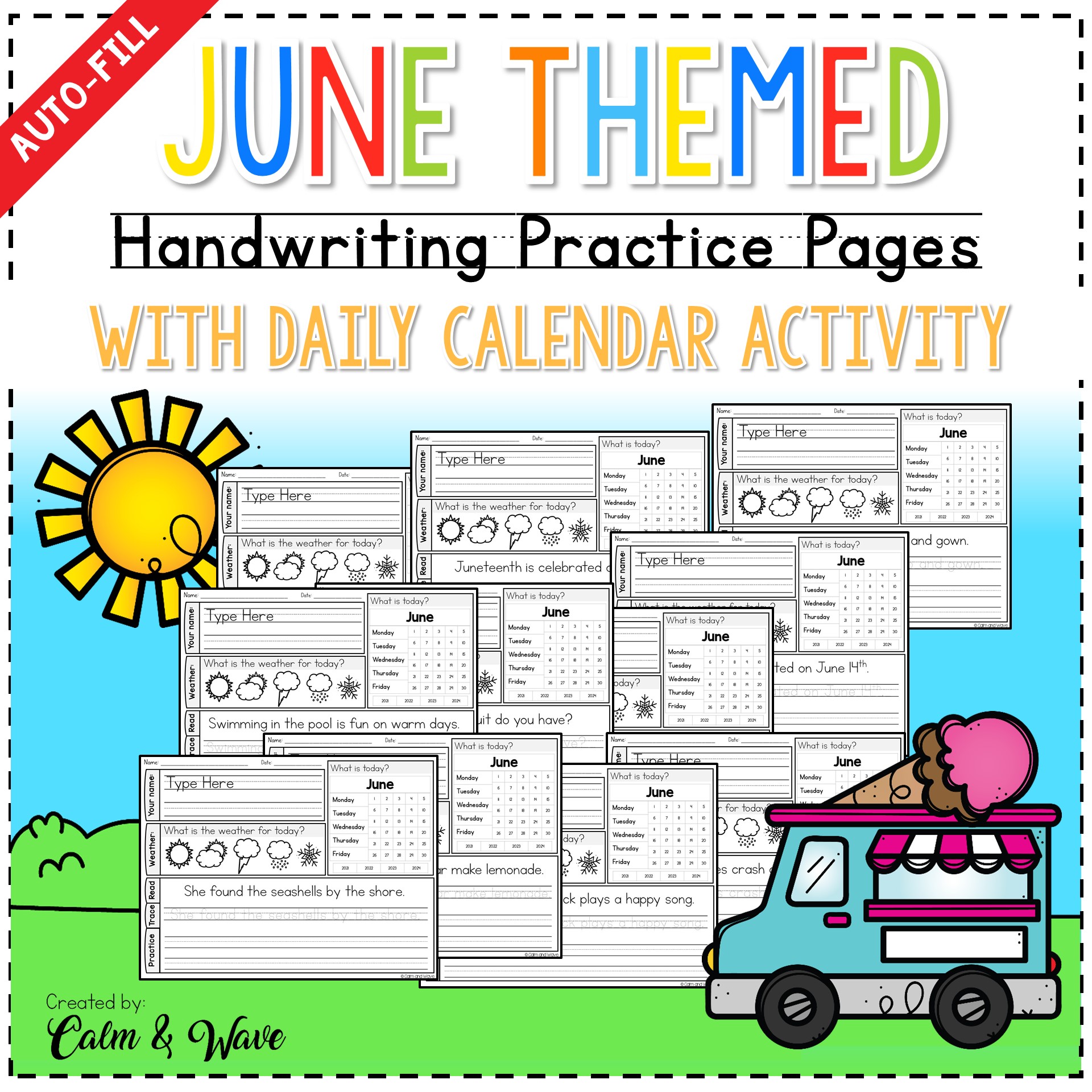 June Themed Handwriting Worksheets with Daily Calendar Work | Copywork | Printables | Homeschool |