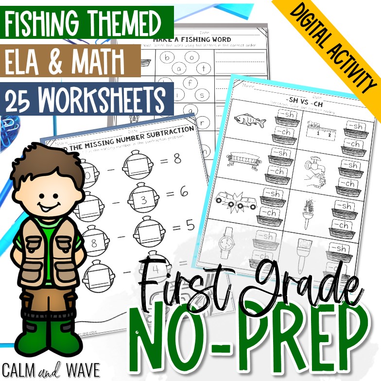 First Grade No-Prep ELA and Math Worksheets – Fishing Theme