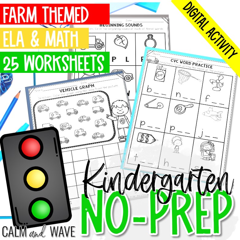 Kindergarten No-Prep ELA and Math Worksheets – Car/Vehicle Themed with Digital Activity Slides