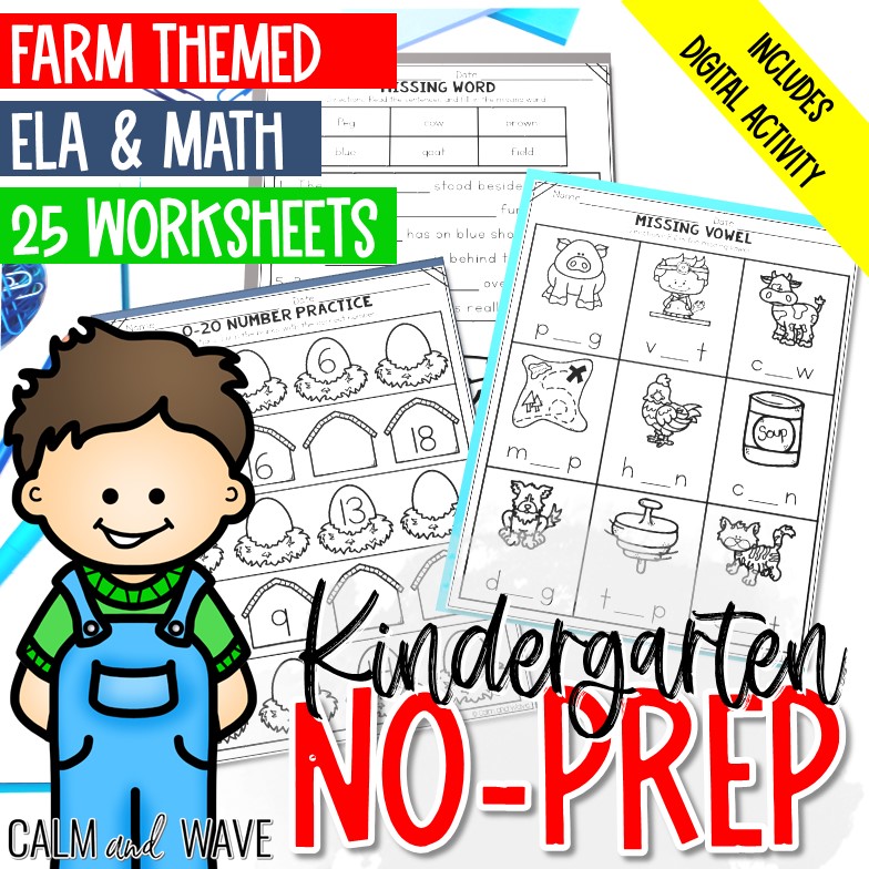 No-Prep Kindergarten Farm Themed ELA and Math Printable Worksheets with Digital Activity