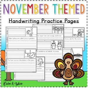 November Themed Handwriting Practice Worksheets with Daily Calendar Work