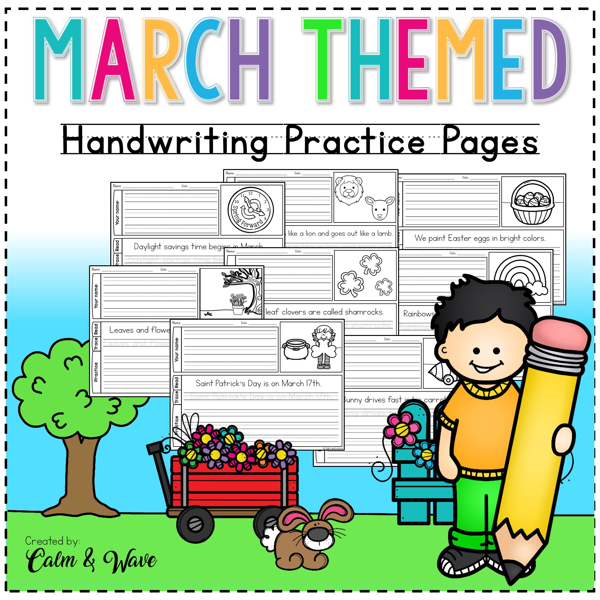 March Themed Handwriting Practice Worksheets