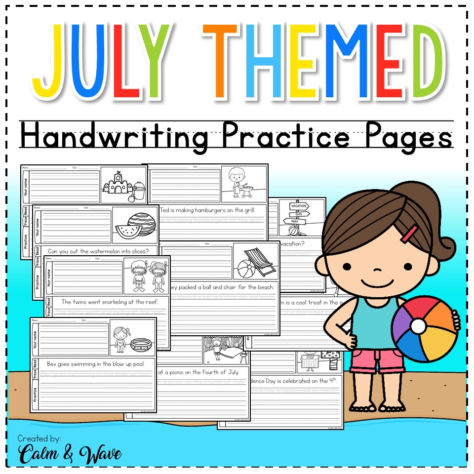 July Themed Handwriting Practice Worksheets