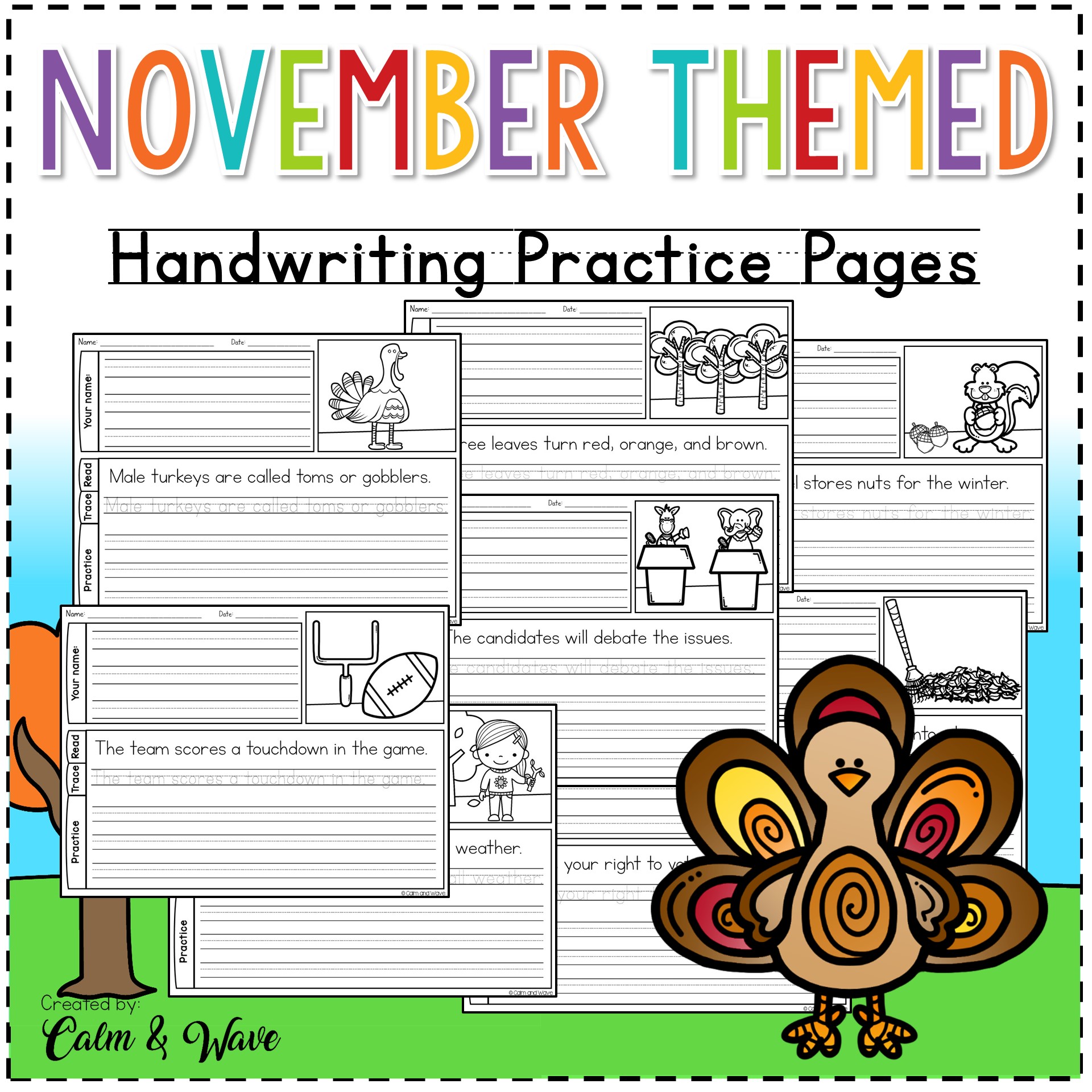 November Themed Handwriting Practice Worksheets