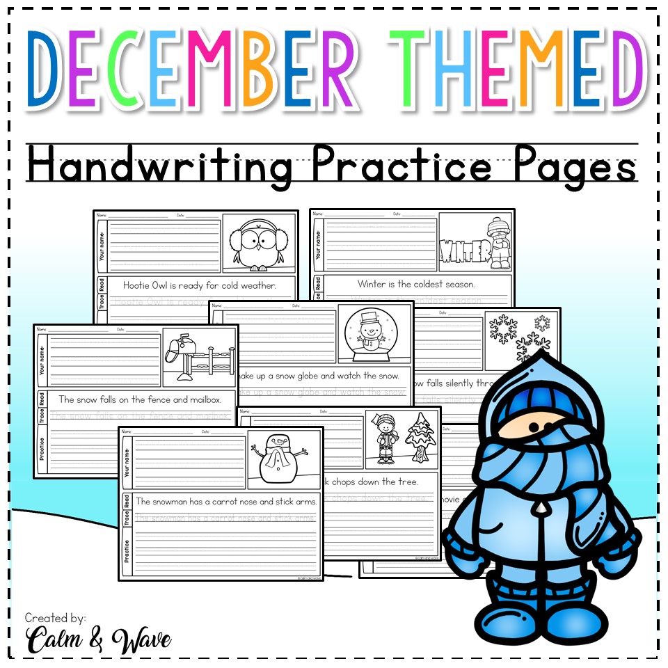 December Themed Handwriting Practice Worksheets