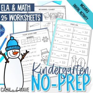 Winter Themed Kindergarten No-Prep ELA and Math Worksheets and Digital Activity