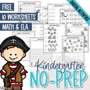 Pirate Themed Kindergarten No-Prep ELA and Math Worksheets and Digital Activity