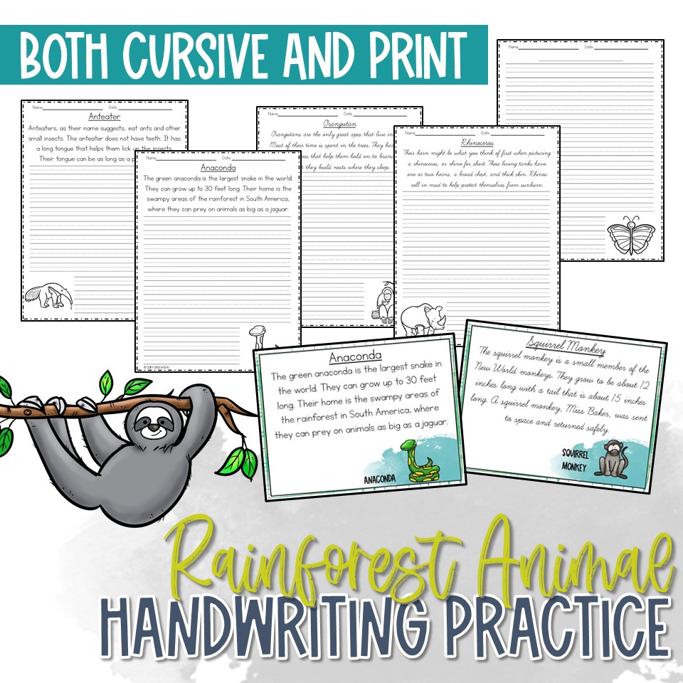 Rainforest Animal Handwriting Practice Worksheet