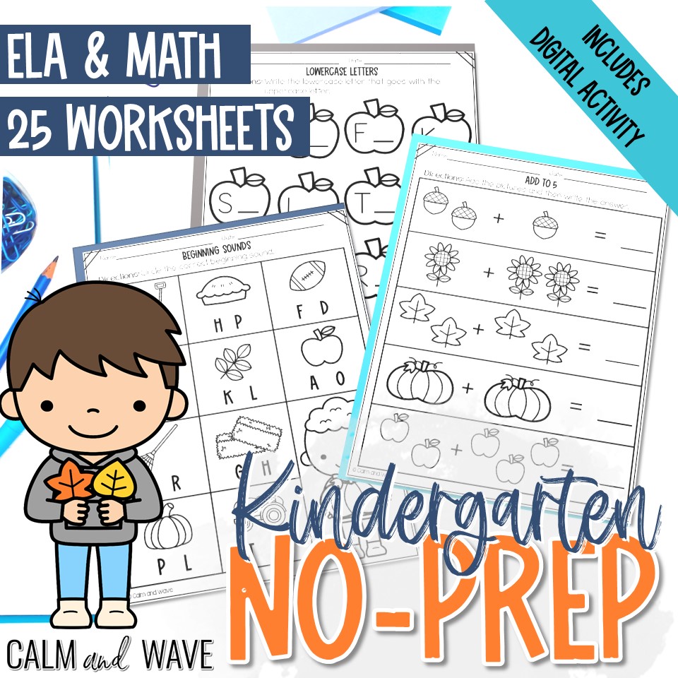 Fall Themed Kindergarten No-Prep ELA and Math Worksheets and Digital Activity