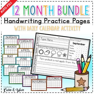 Whole Year Themed Daily Handwriting Practice Worksheets with Daily Calendar Work